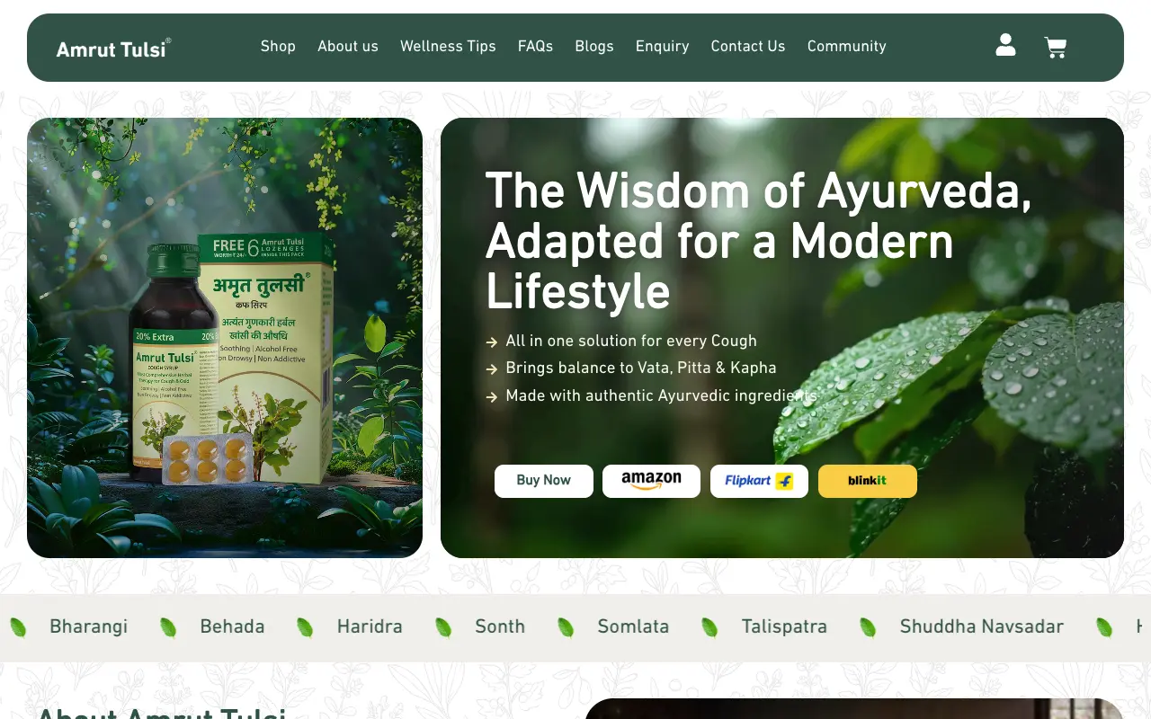 Amrut Tulsi - A direct-to-consumer storefront for an Ayurvedic cough-care range